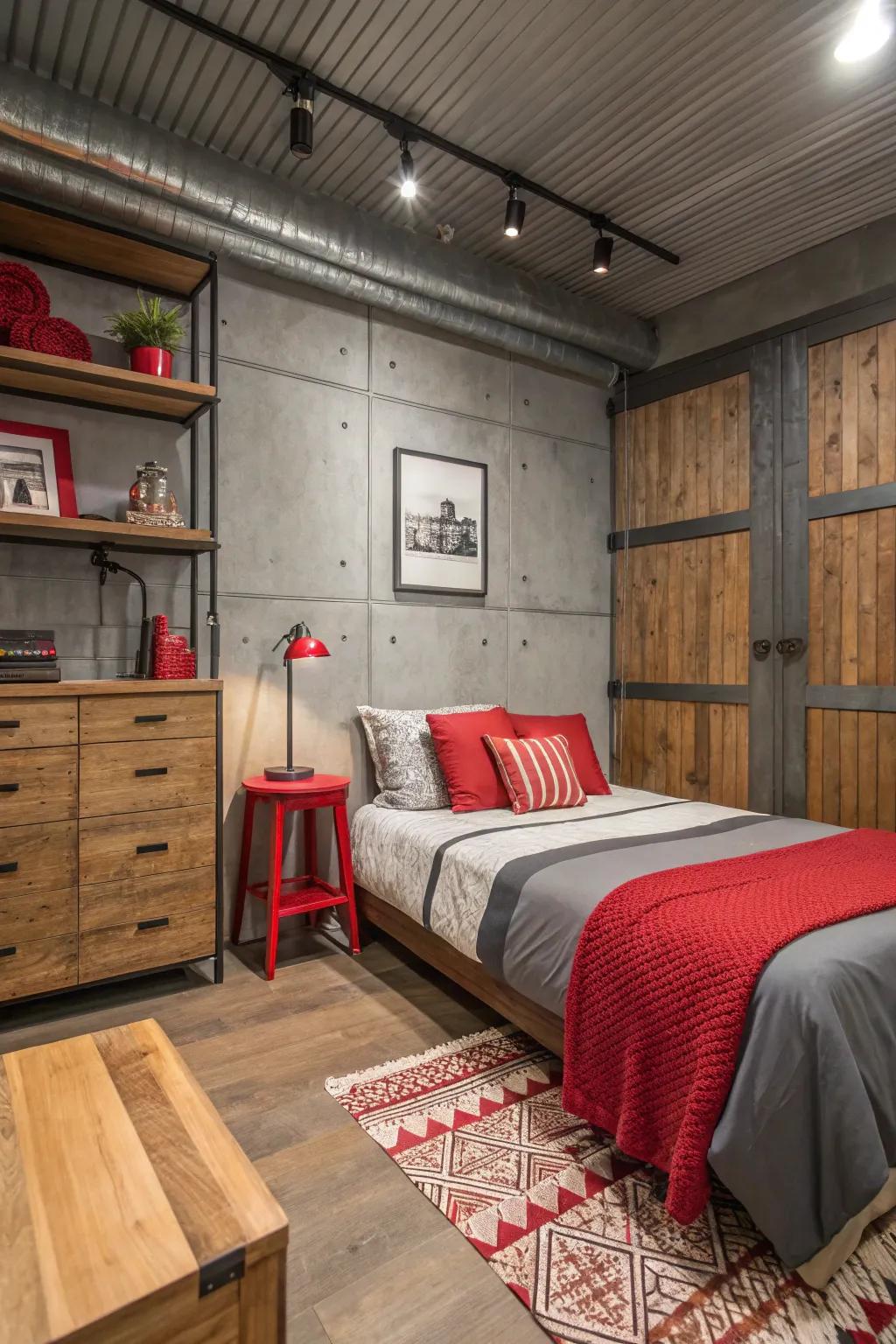 A small bedroom with a mix of wood and metal textures complementing the red and grey color scheme.