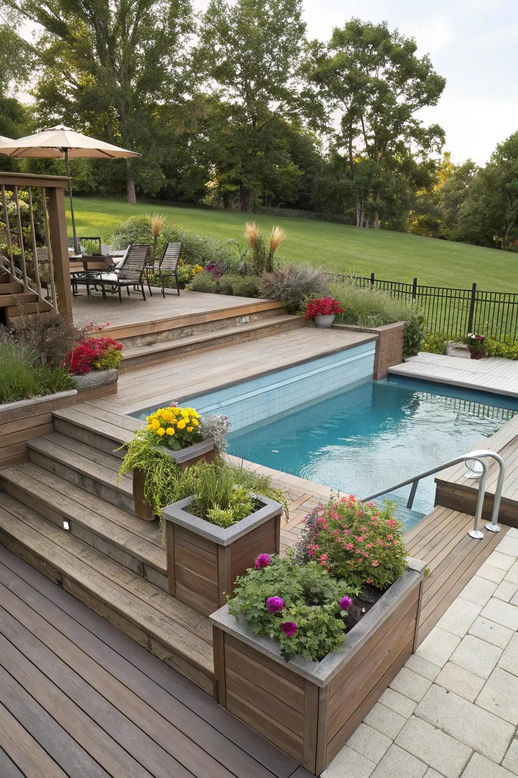 Multi-tiered designs adding dimension to pool areas.