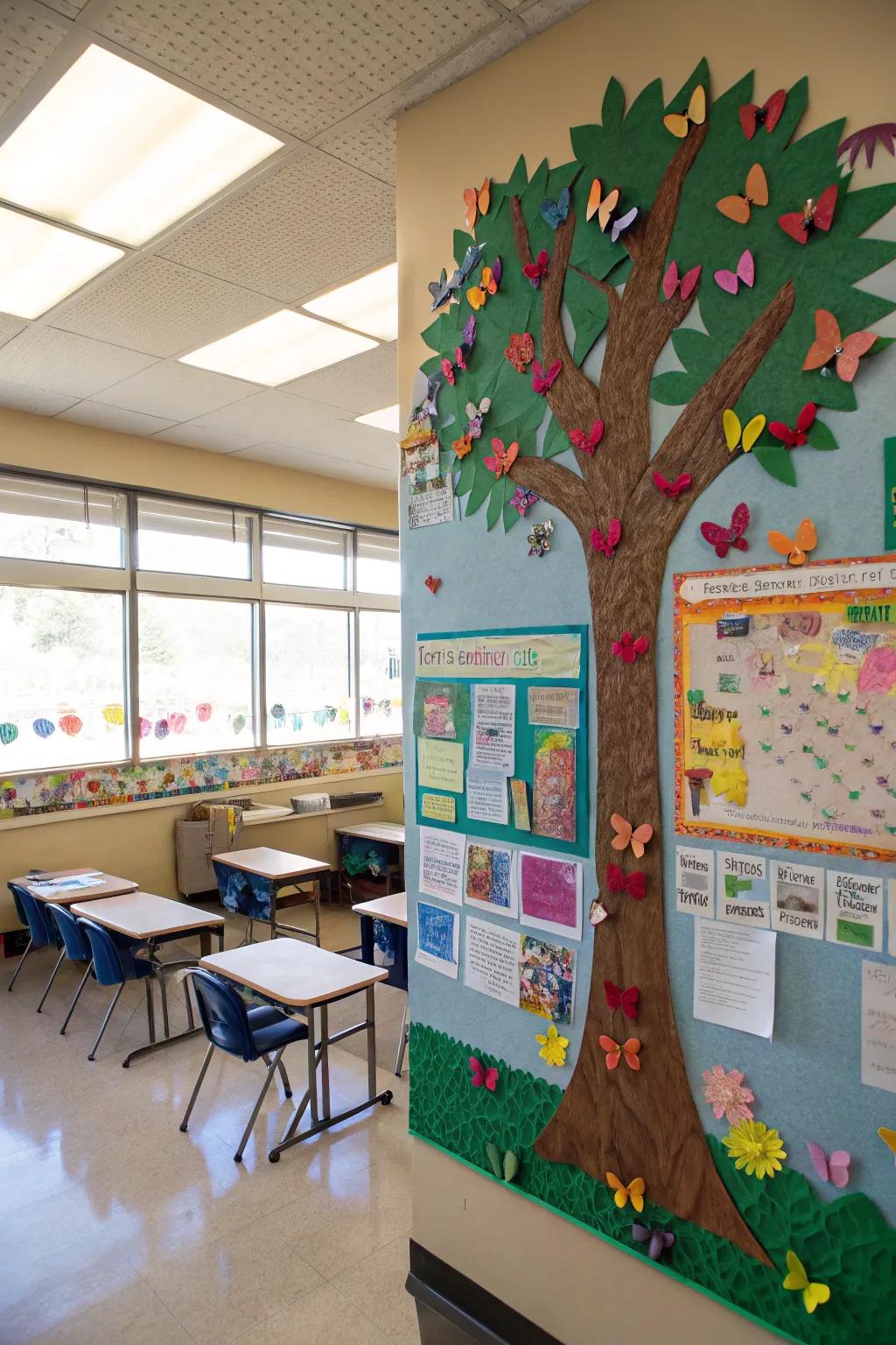 A 3D tree bulletin board with butterflies, showcasing creativity and teamwork.