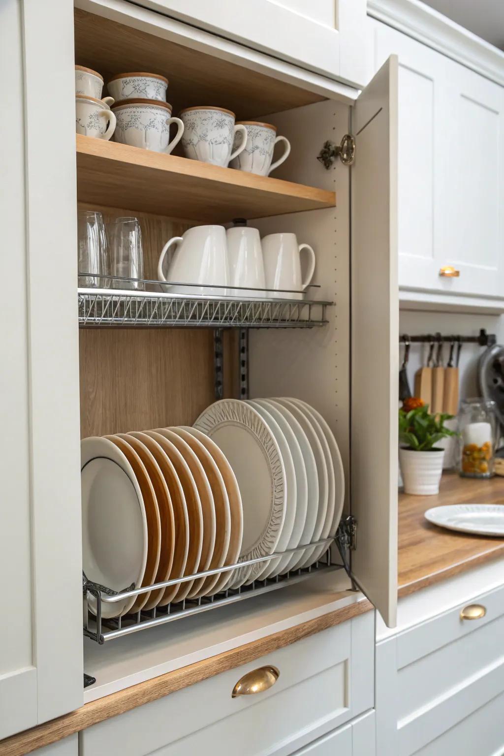 Kitchen cabinet with a vertical plate holder.