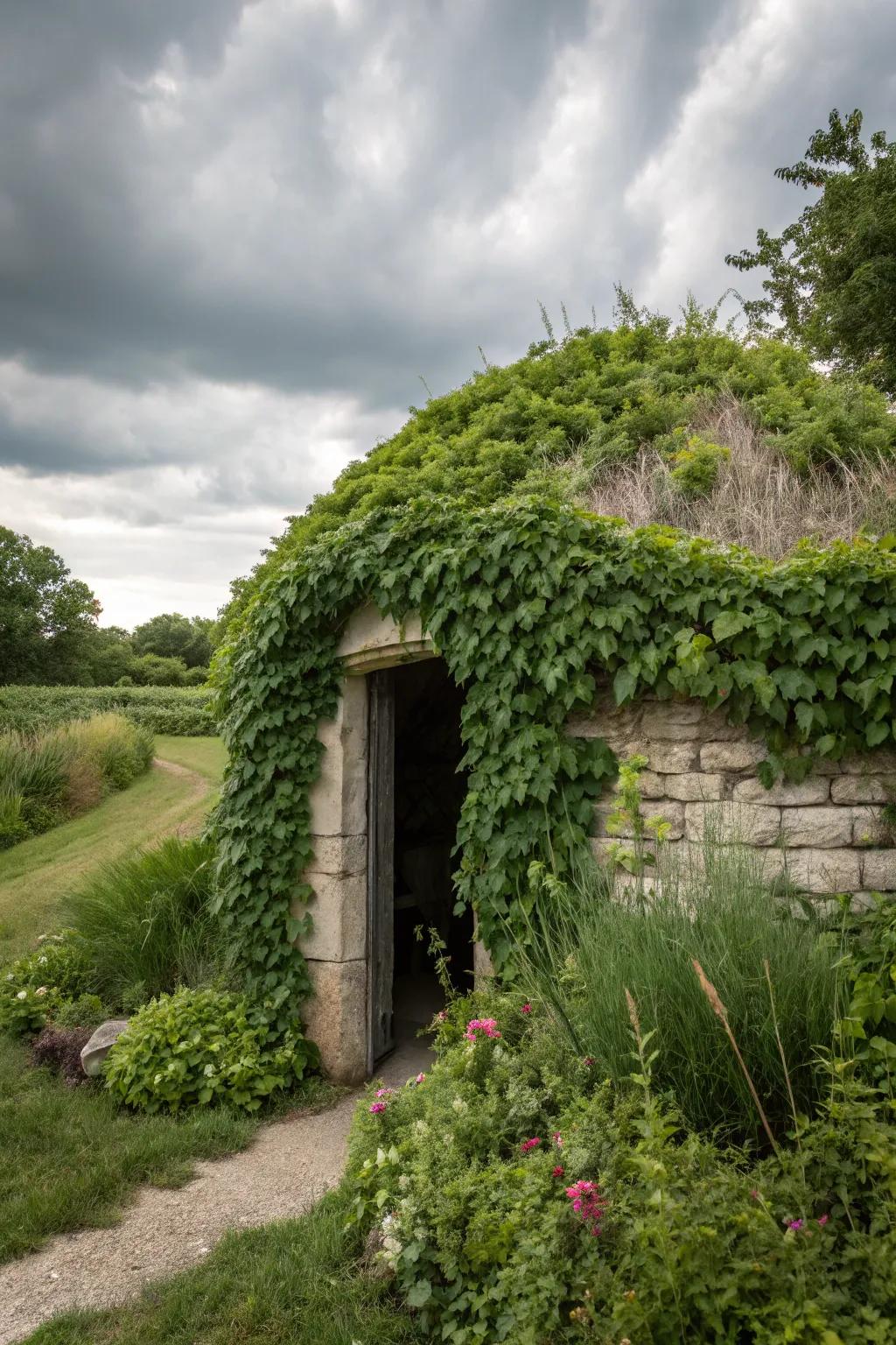 Climbing vines provide a lush, natural cover for your storm shelter.