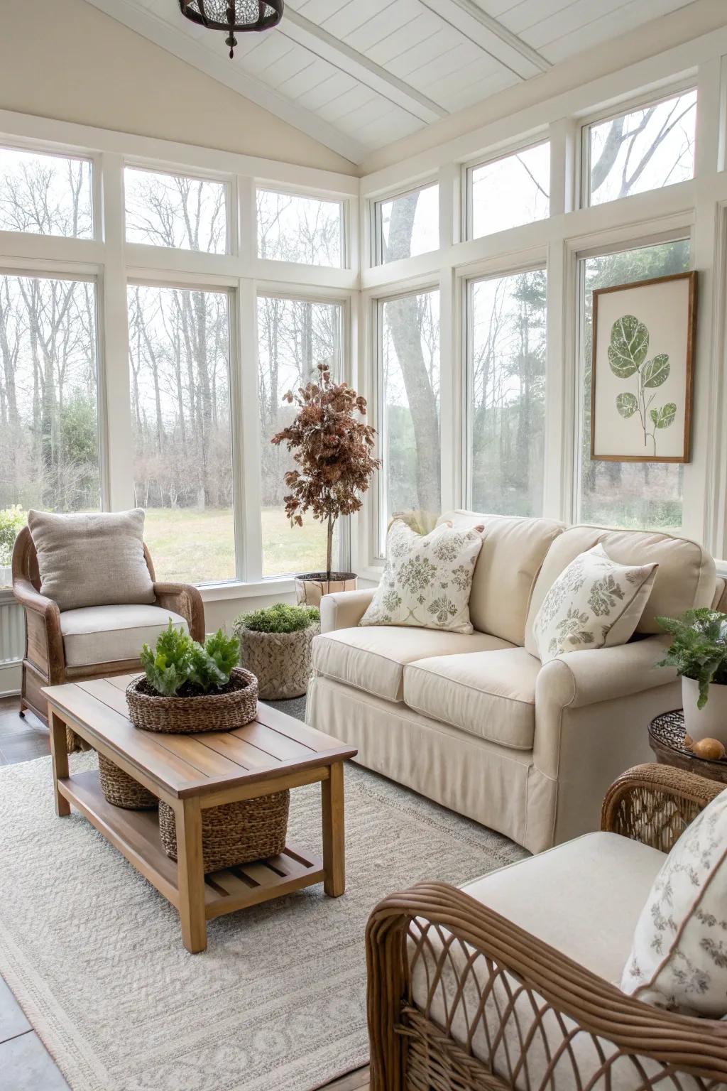 Neutral colors create a tranquil and inviting sunroom atmosphere.