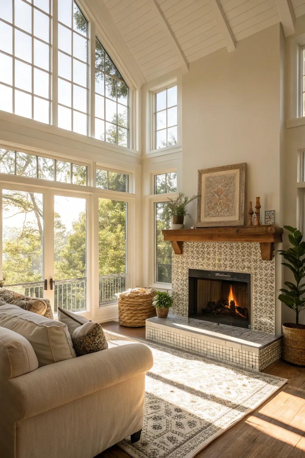 Natural illumination enhances the coziness and beauty of this tiled fireplace.