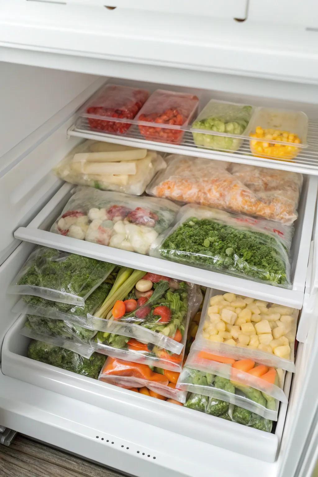 Flat-frozen items in bags, neatly sorted for optimal space usage in a top freezer.