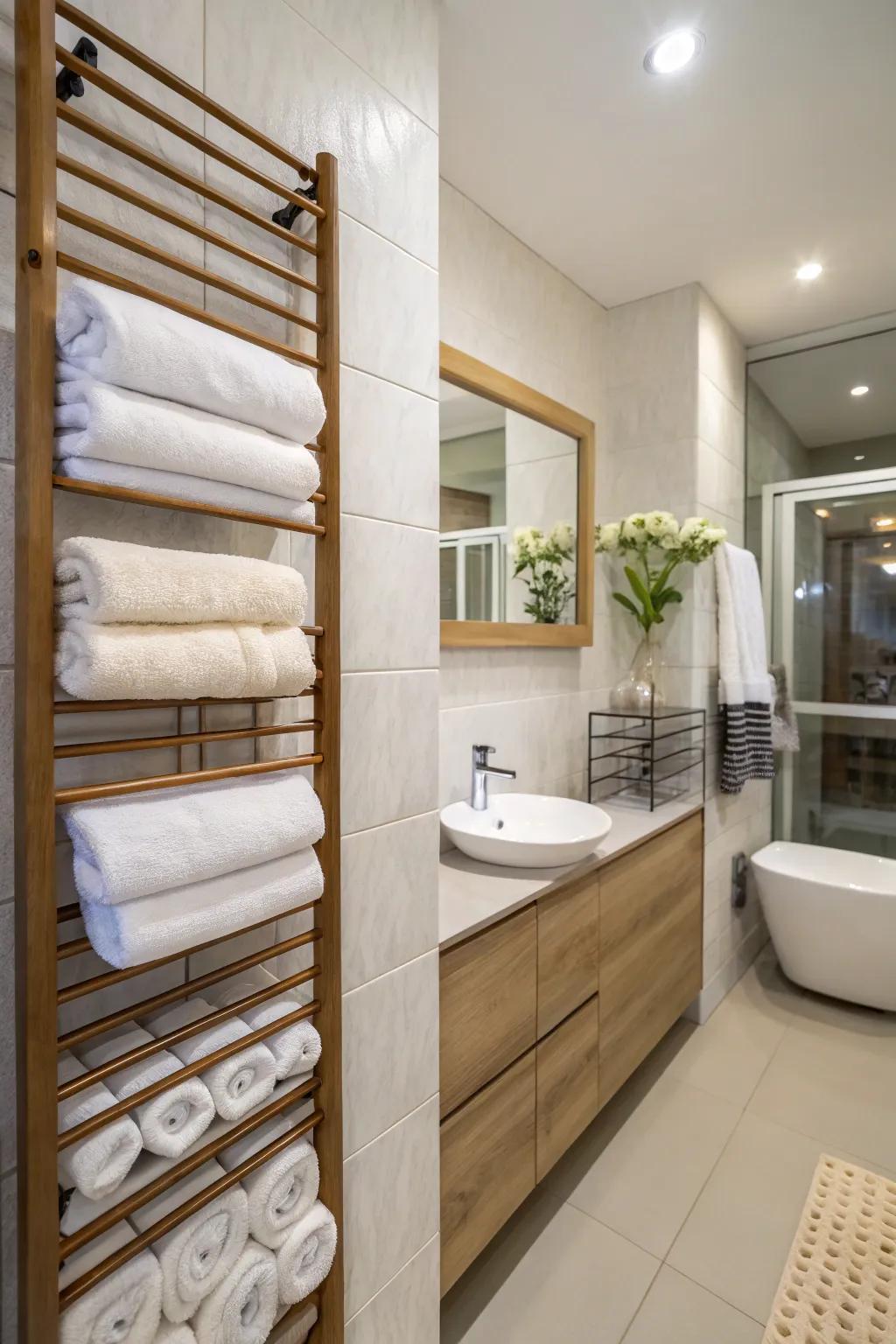 Wall-mounted units offer compact and efficient towel storage.