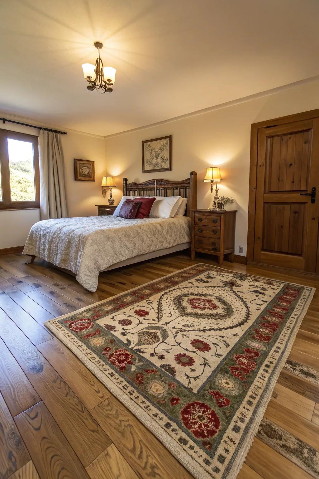 Decorative rugs impart warmth and elegance to wood floors.