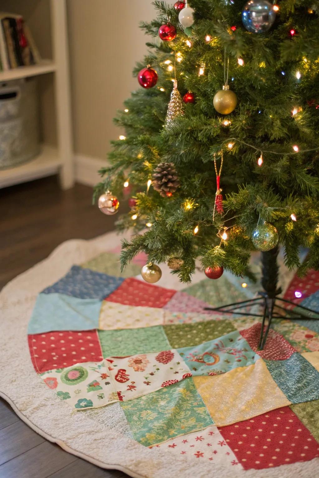 A patchwork tree skirt brings a personal touch to your holiday setup.