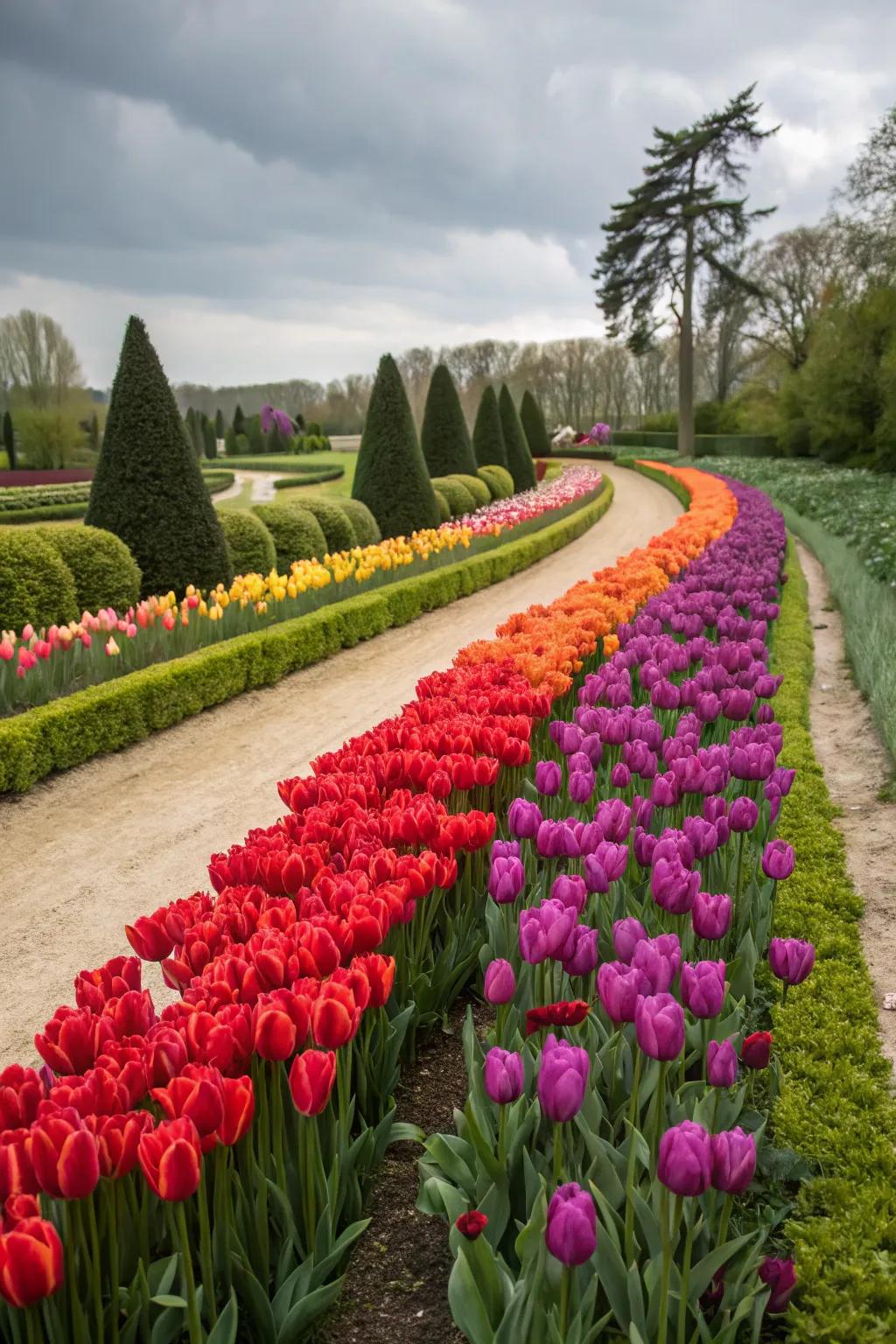 A spectrum of joy: Tulip rainbow in the garden.