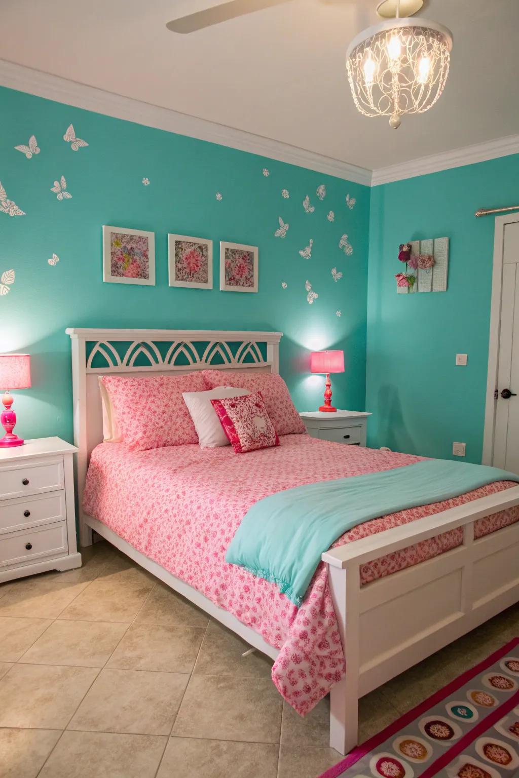 A playful combination of turquoise and pink brings energy to this bedroom.