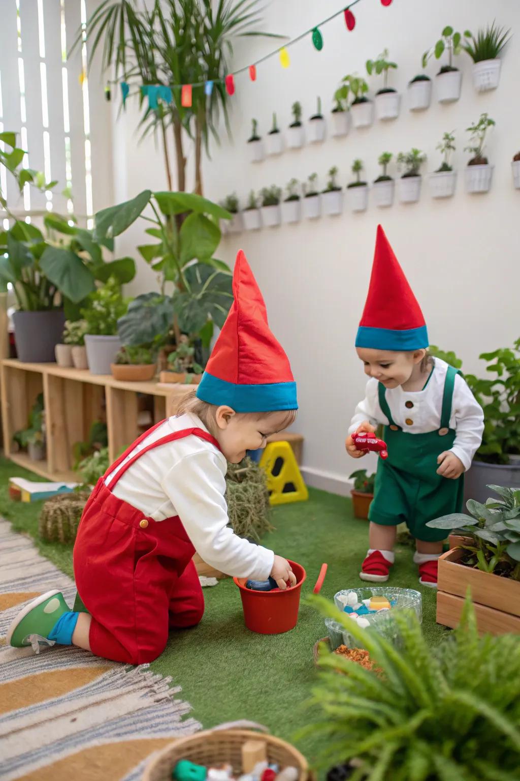 Whimsical wonders: twins as garden gnomes.