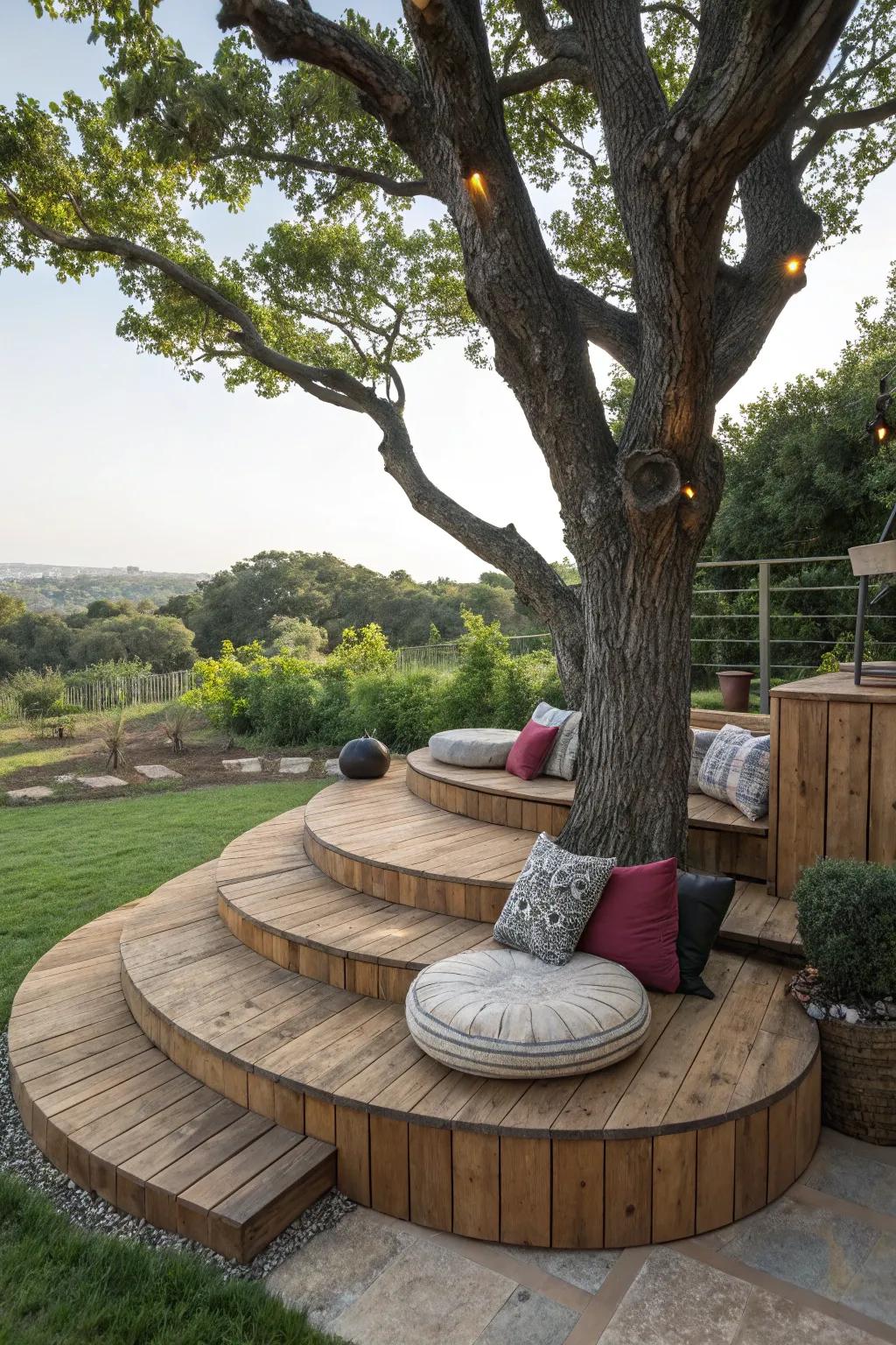 Tiered platforms offer a unique seating experience under the tree.