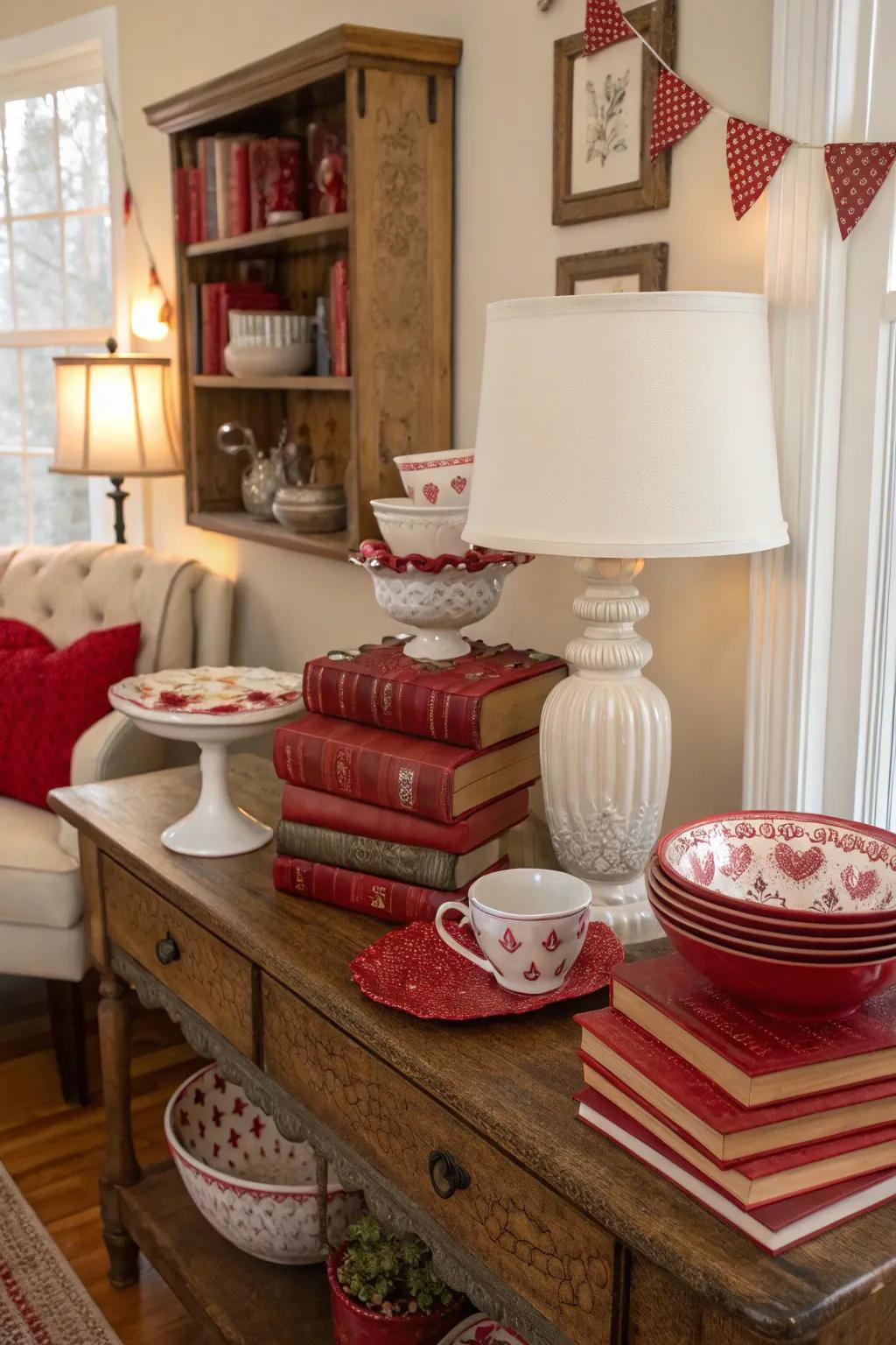 Add nostalgic charm with vintage finds in Valentine’s colors.