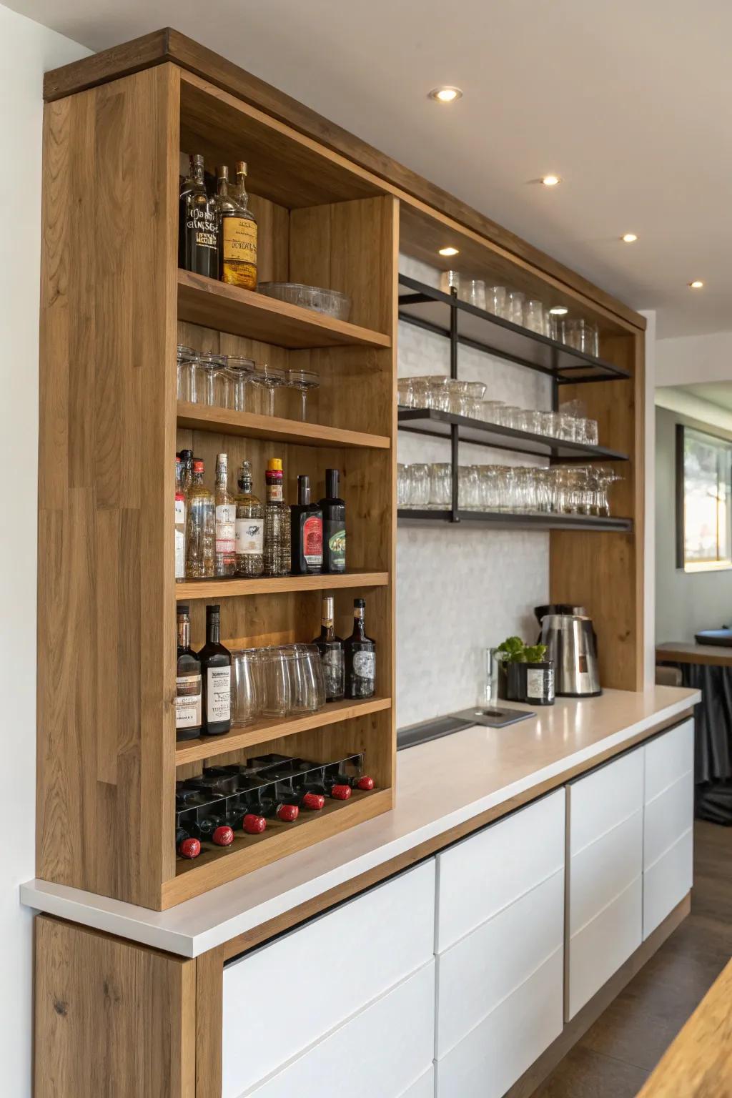 Hidden storage adds functionality to your wall bar without compromising on style.