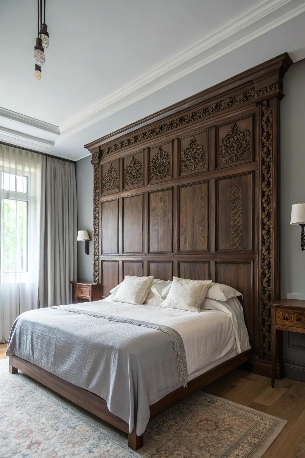 A full wall panel headboard makes a bold and dramatic statement.