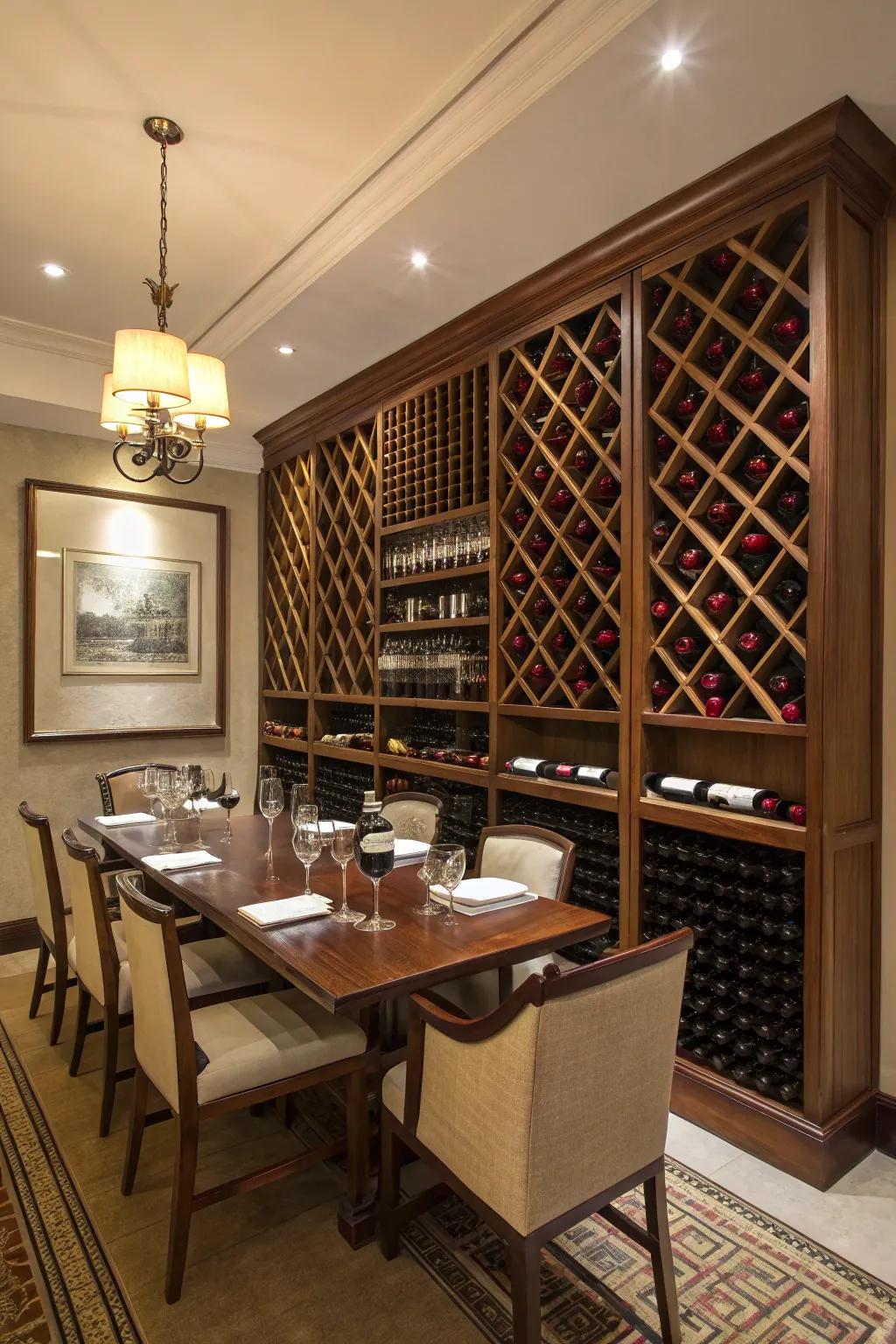 A dramatic wine rack transforms dining spaces.