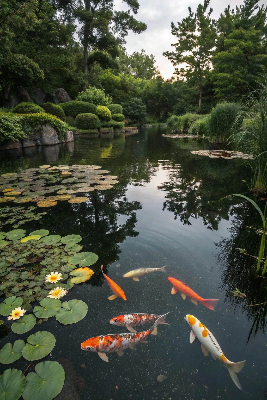 Koi fish infuse animation and movement into water gardens.