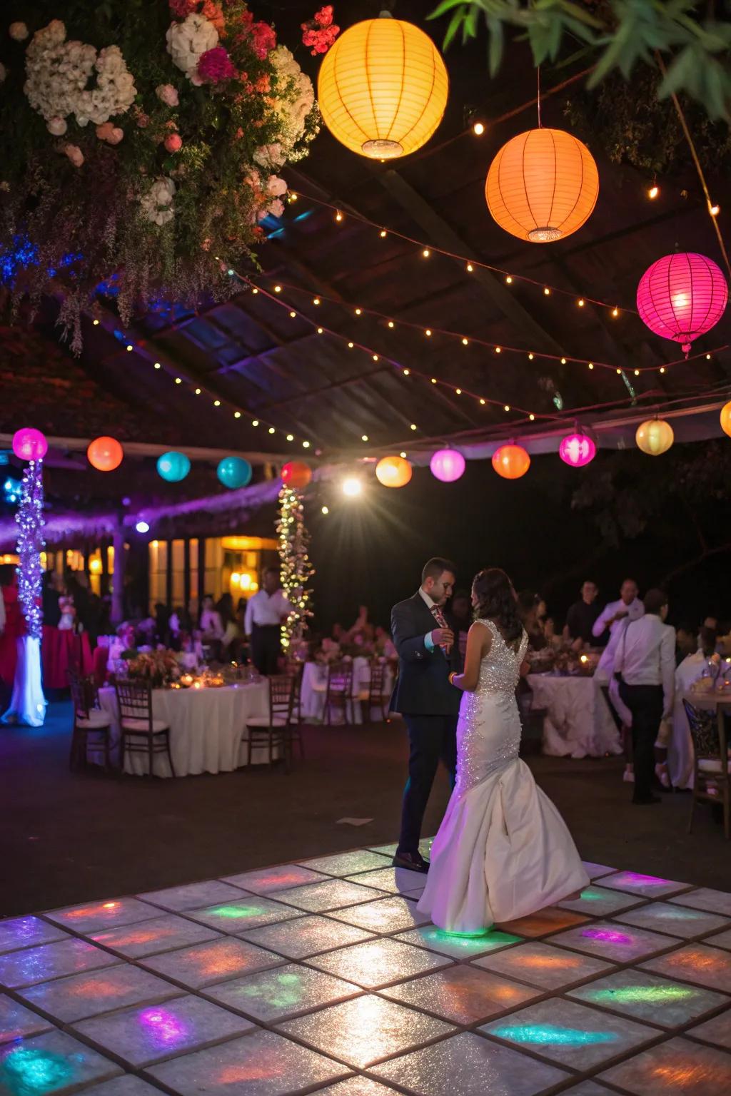 Colorful lighting transforms a wedding reception.