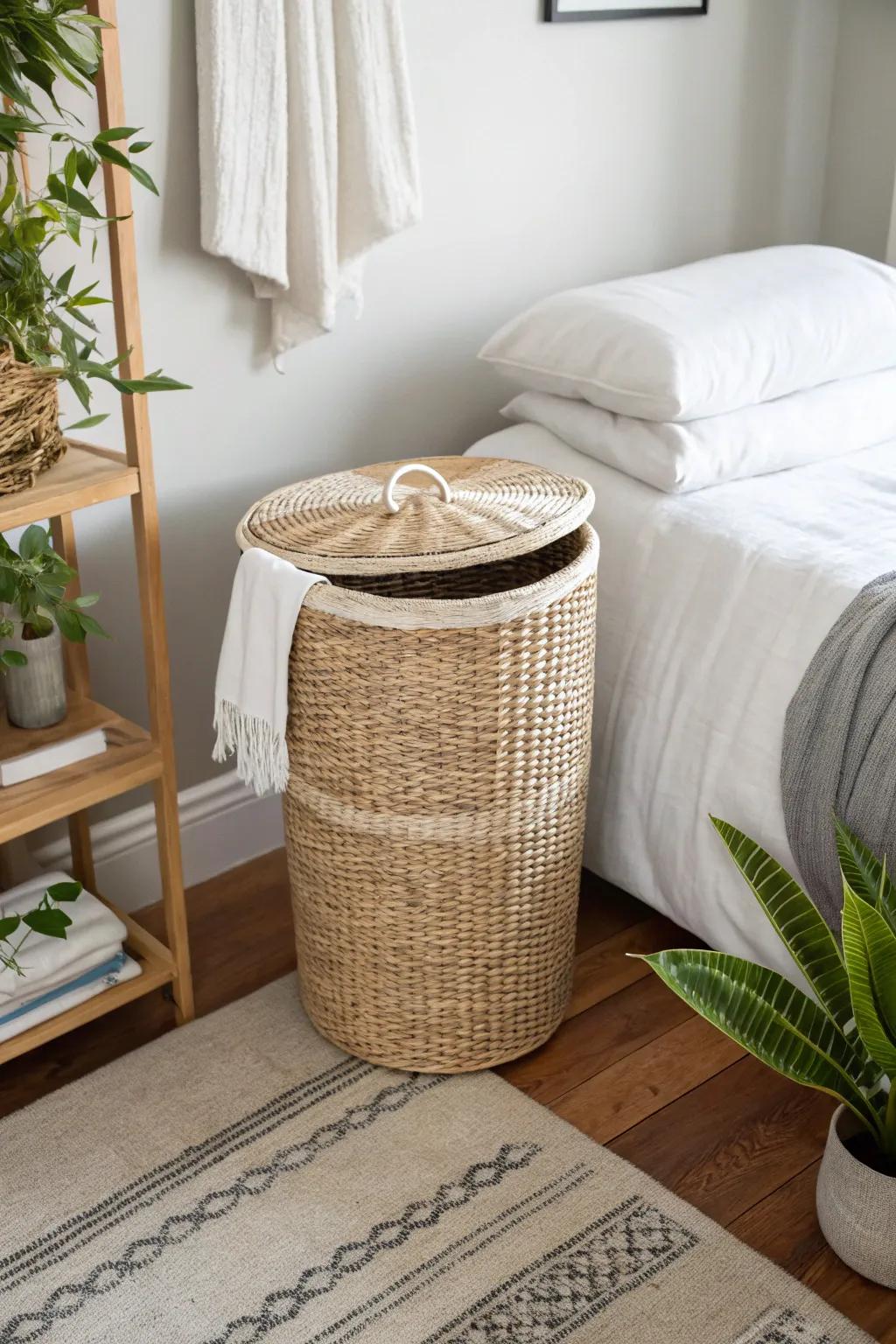 A lidded basket disguises a laundry hamper while keeping your bedroom neat.