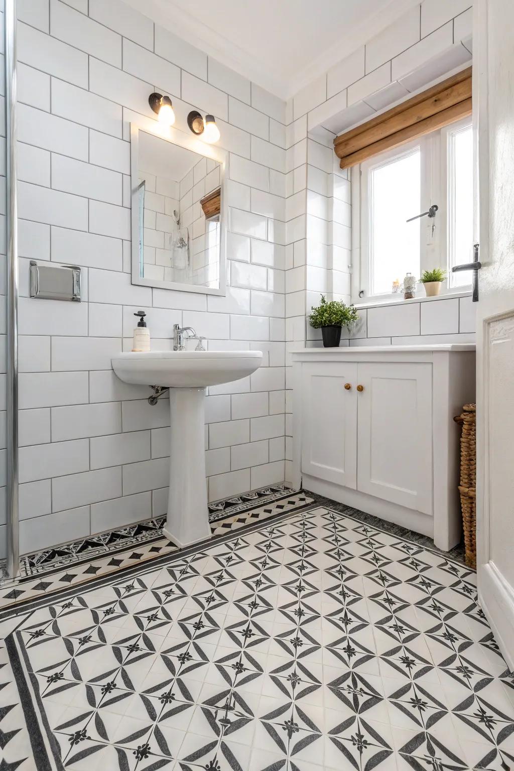 Geometric patterns add a contemporary edge to this white bathroom.