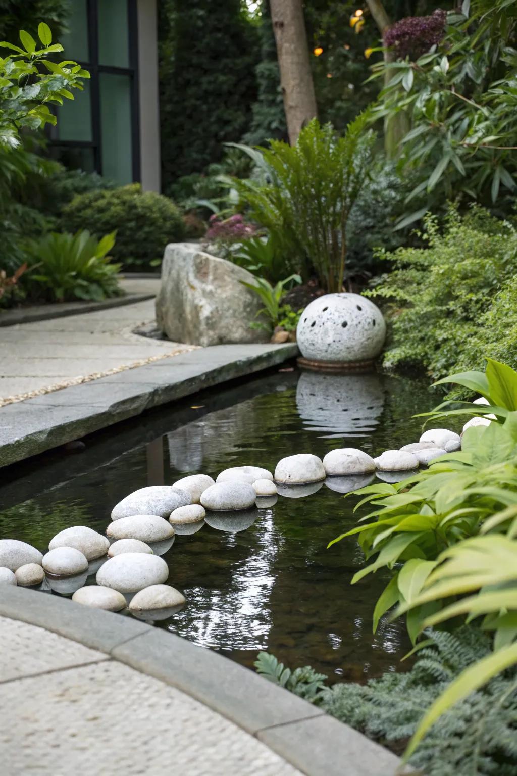 A water element with white stones imparts tranquility to the garden.