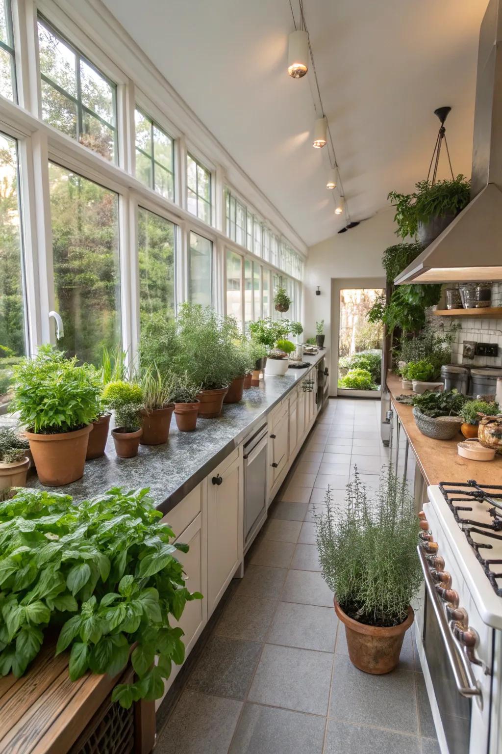 Greenery adding a fresh touch to a wide galley kitchen.