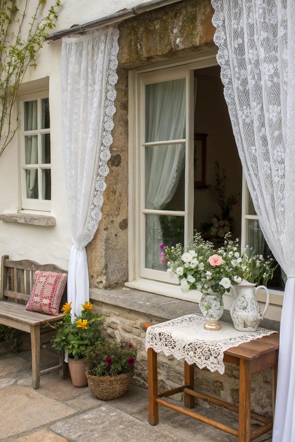Pastoral elements impart vintage charm to window frames.
