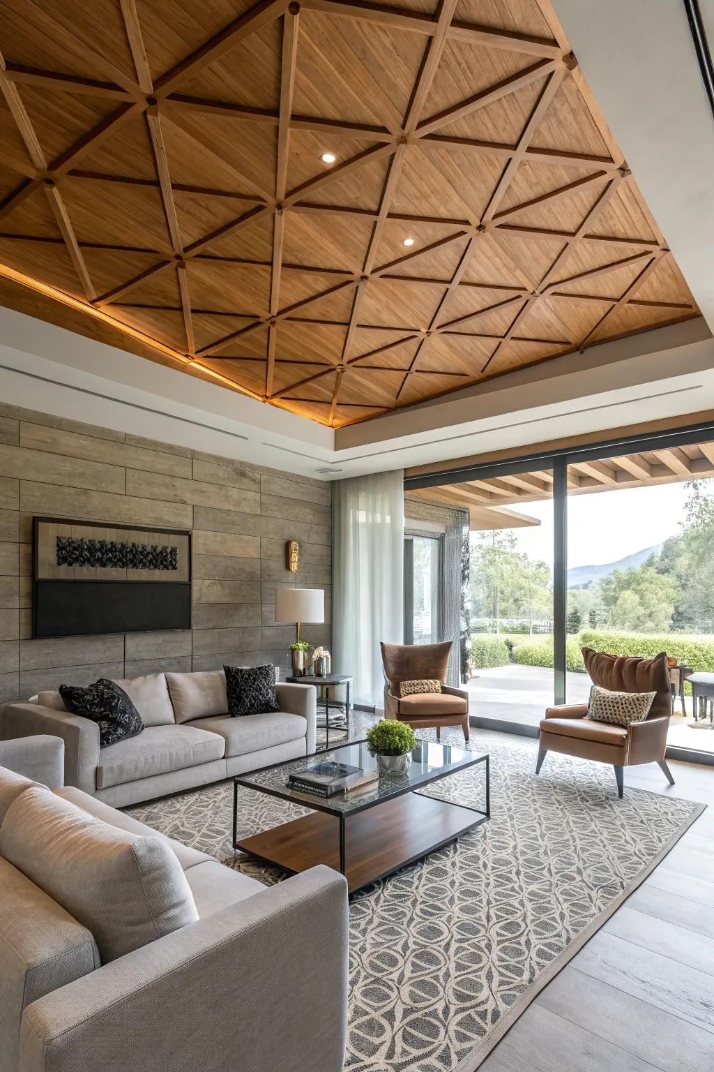 Geometric wood patterns add a contemporary edge.