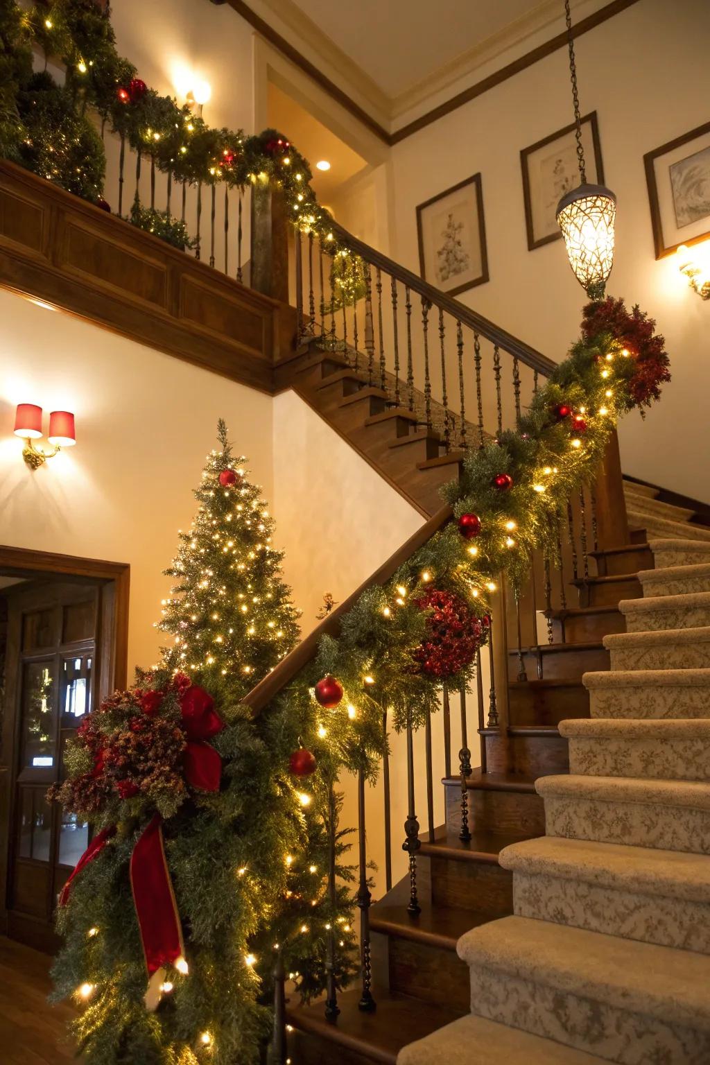 A staircase evolves into a celebratory focal point with a lavish swag.