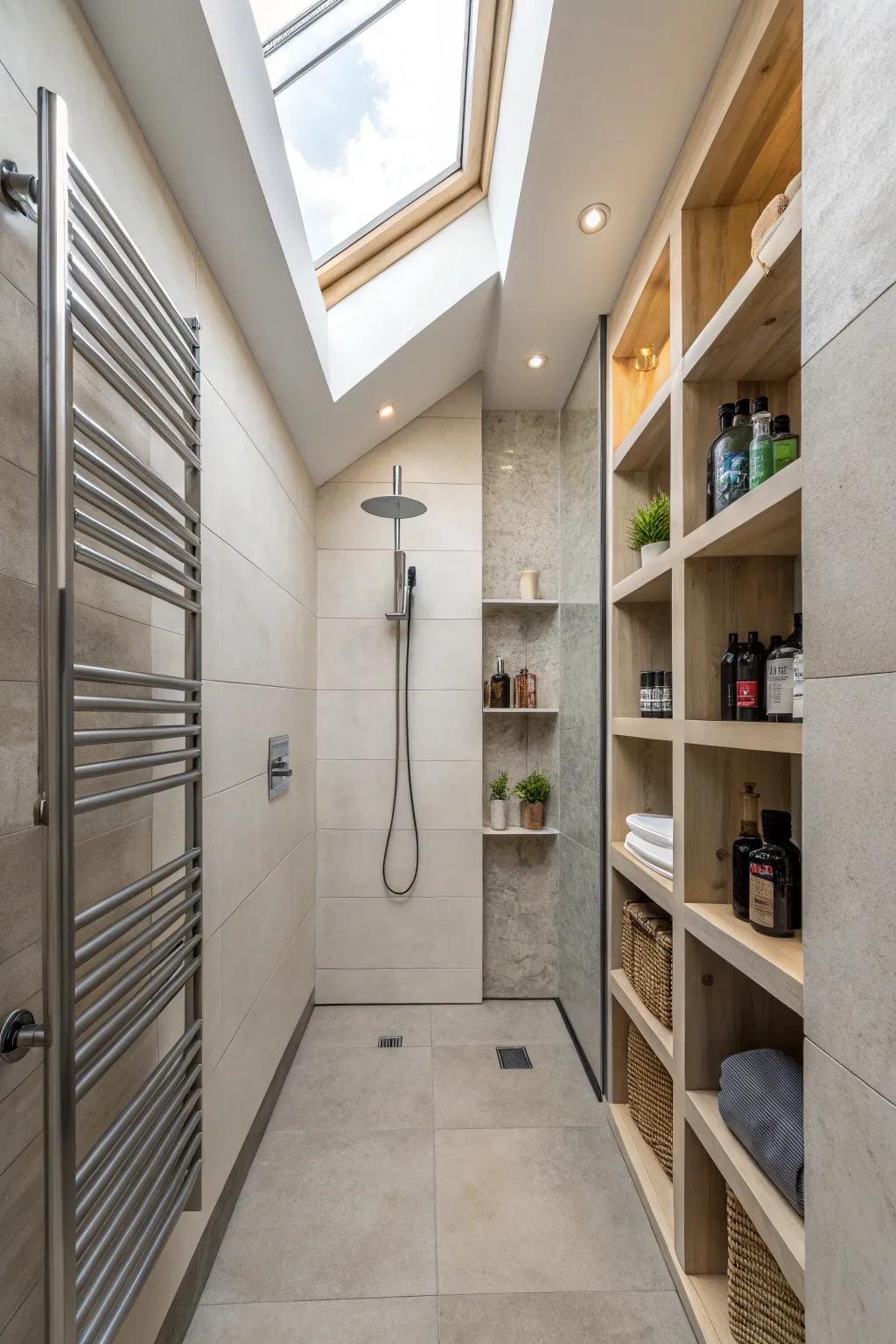 Vertical storage maximizes space without crowding.