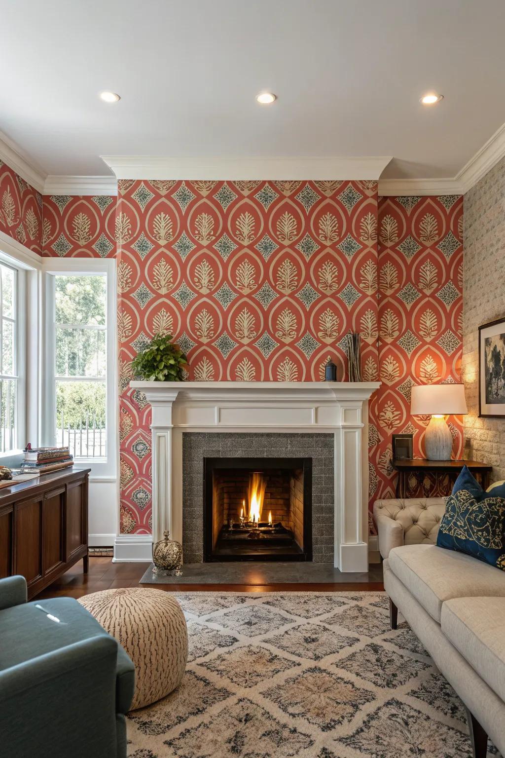 Bold wallpaper turns the fireplace wall into a statement piece.