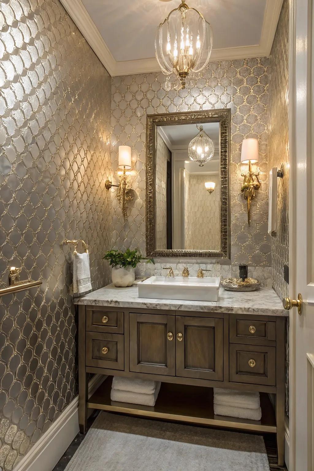 A luxurious wallpaper adds elegance to a small powder room.