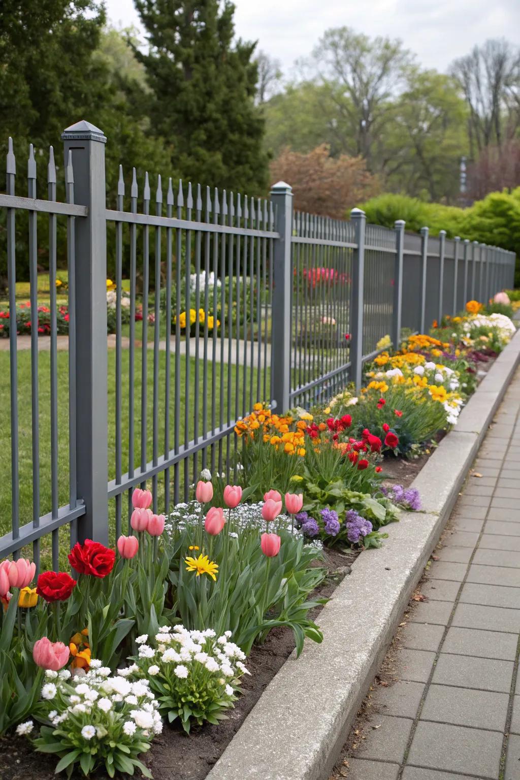 Flower beds add vibrant color to an aluminum fence.