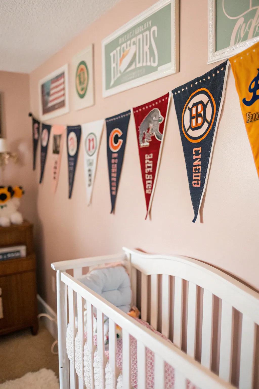 Vintage sports pennants contribute a timeless charm to the nursery design.