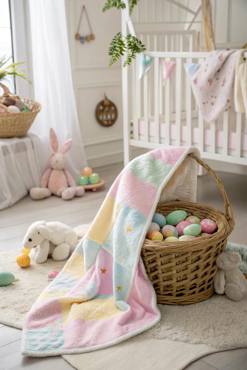 A soft blanket adds warmth and style to an Easter basket.