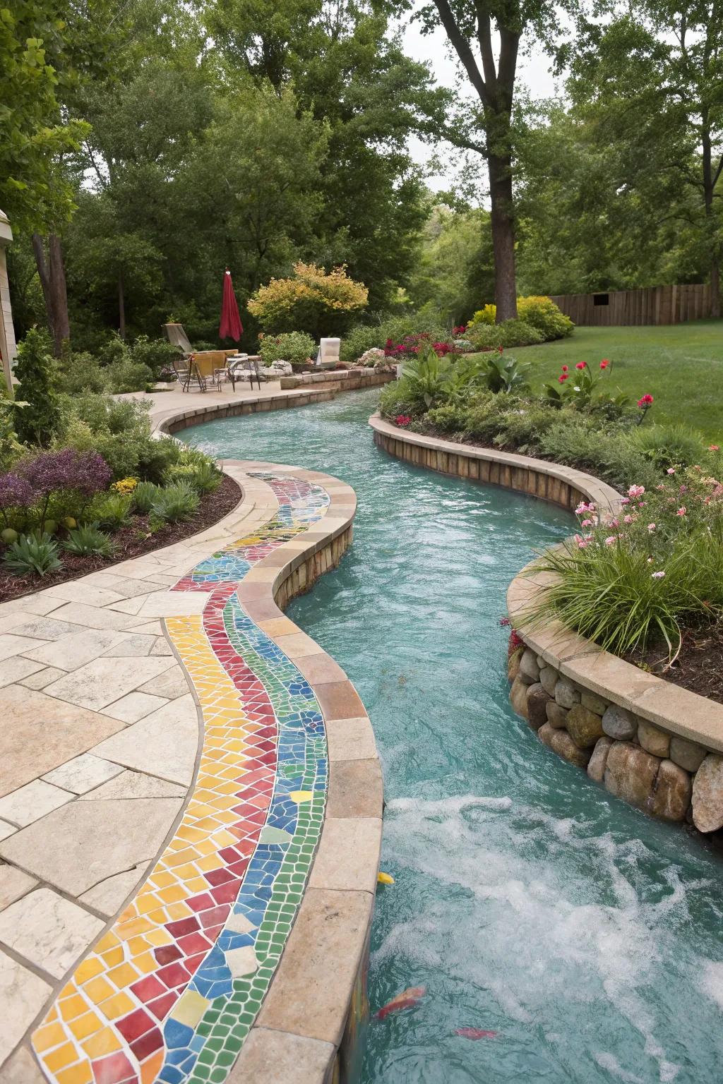 A vibrant lazy river pool with eye-catching mosaic tiles.