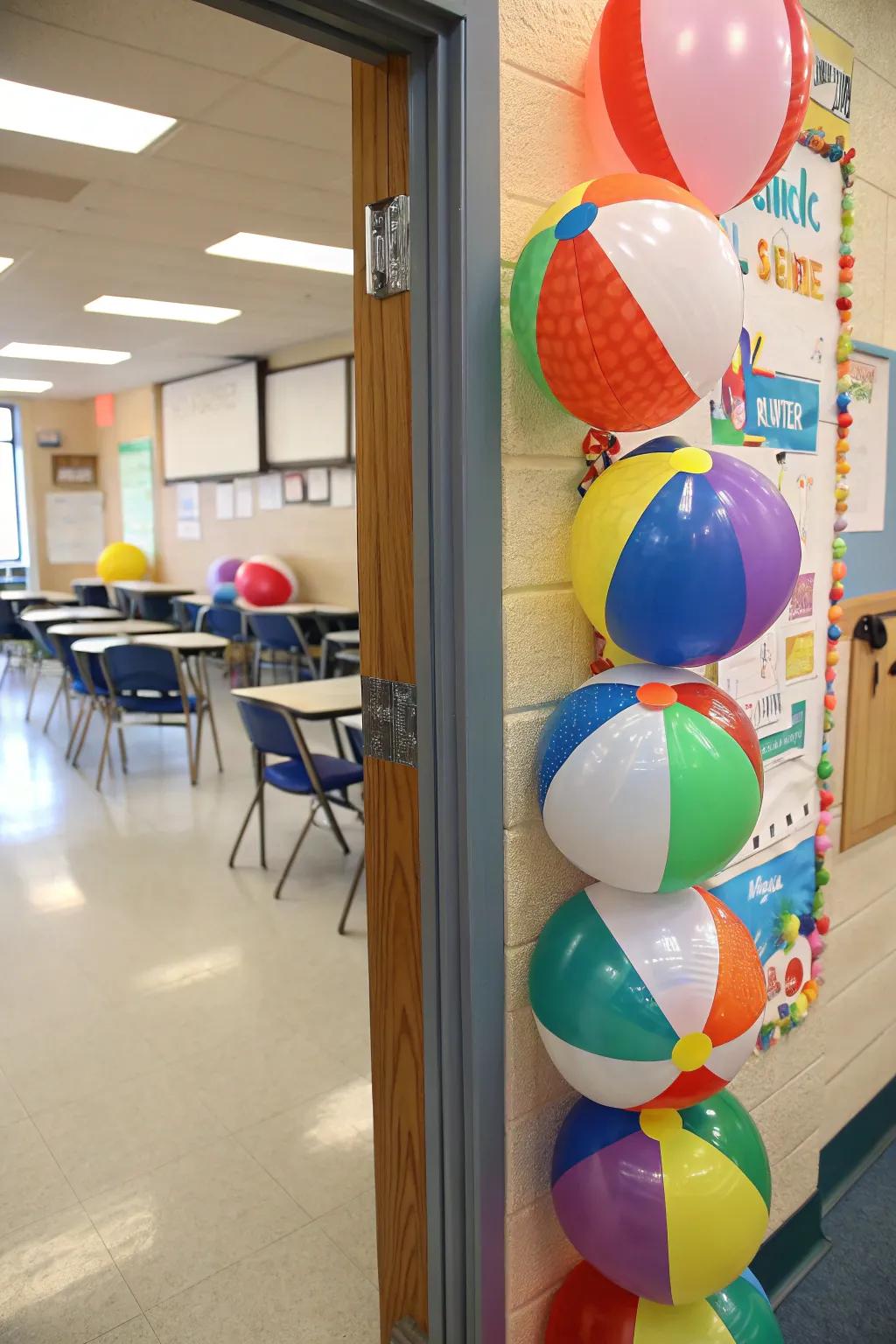 Classroom door energized with bright beach ball decorations.