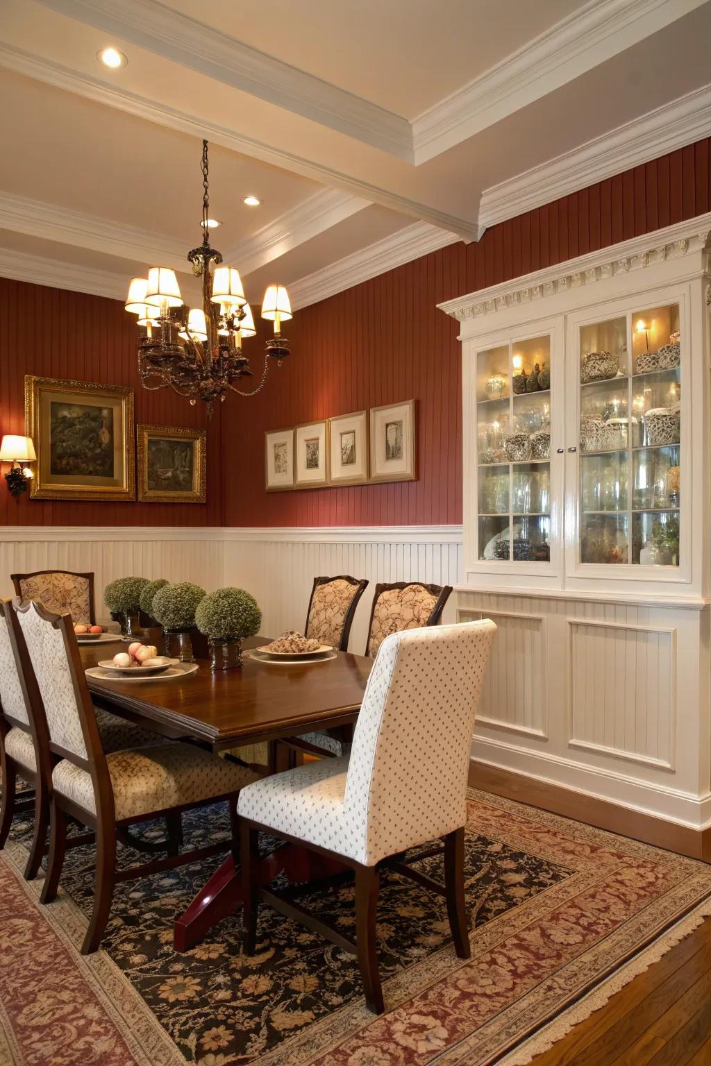 A sophisticated dining room with bold beadboard walls.