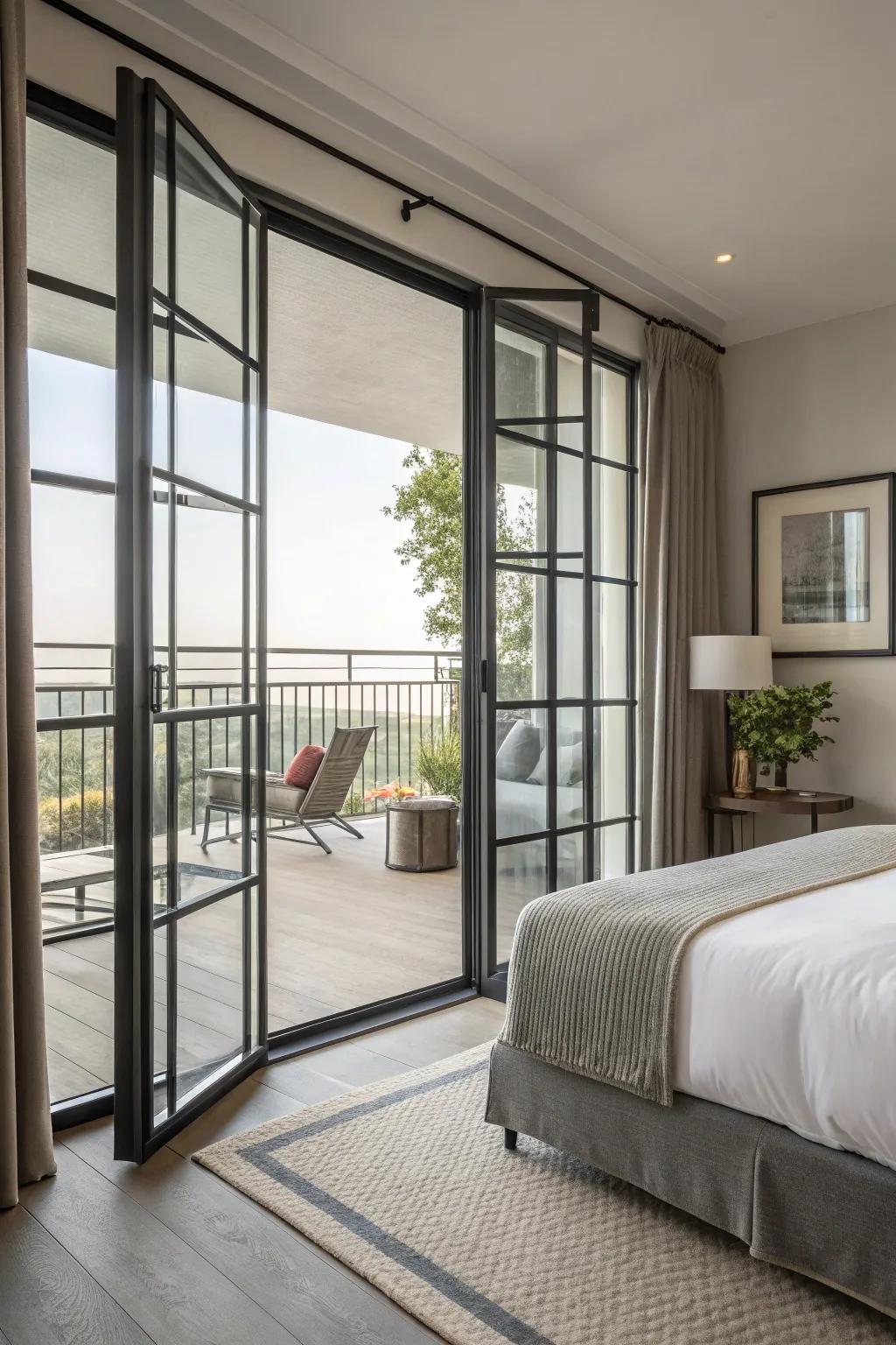 Metal-framed doors add an industrial edge to any bedroom.