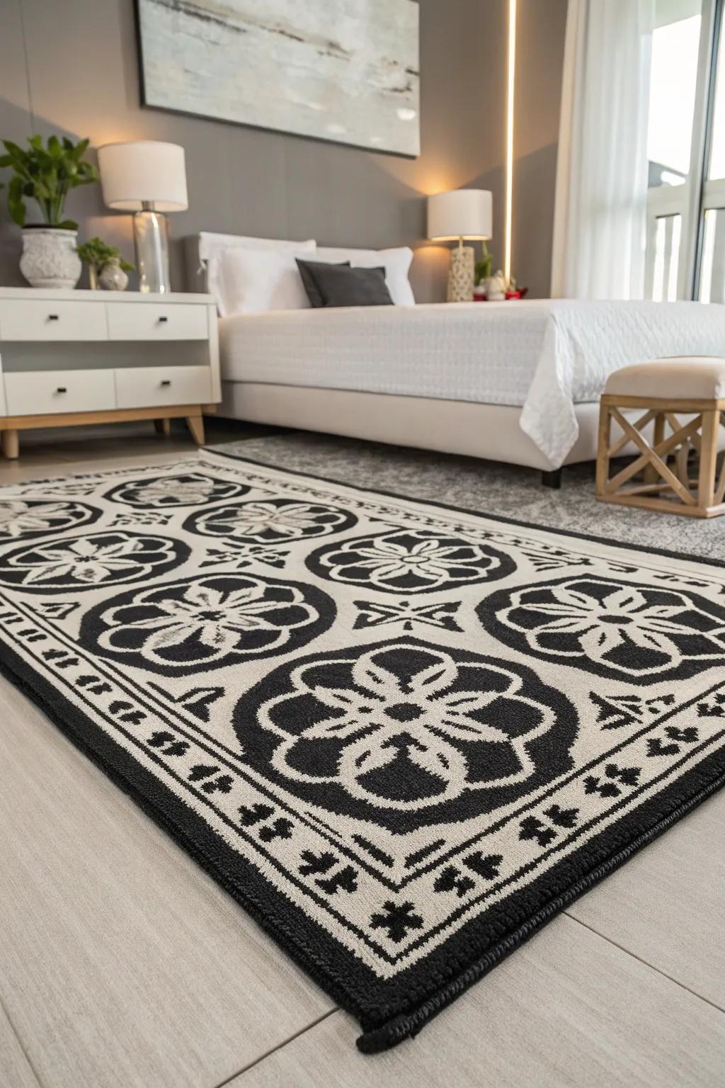 Monochrome floor coverings provide classic sophistication.