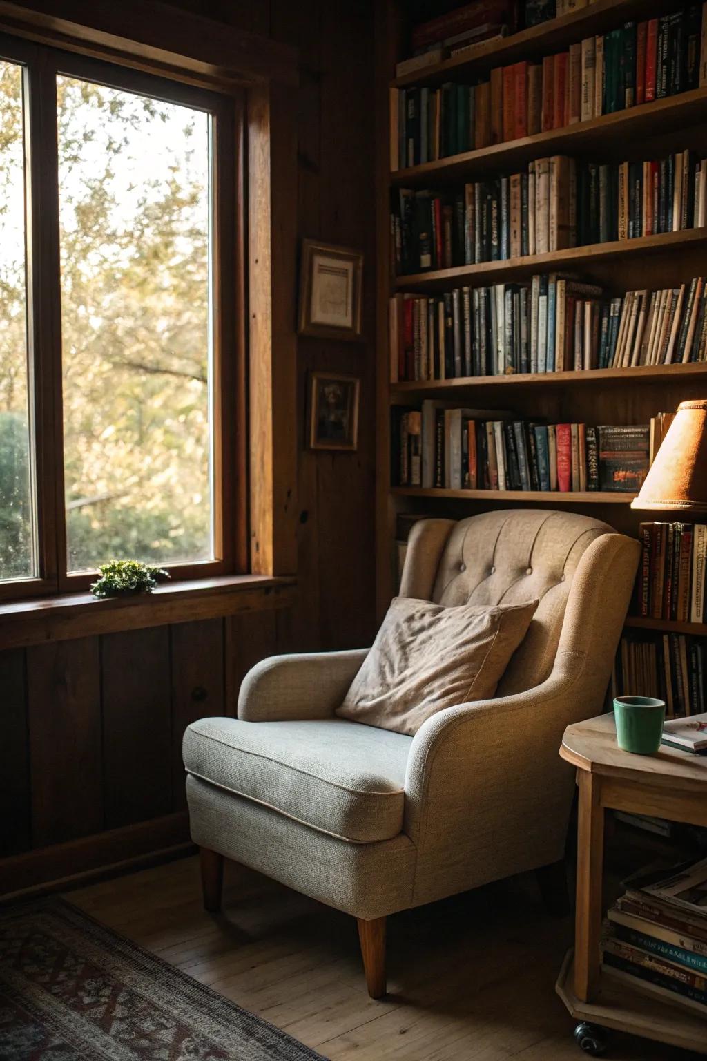 Enhance a reading nook with strategically placed shelves.