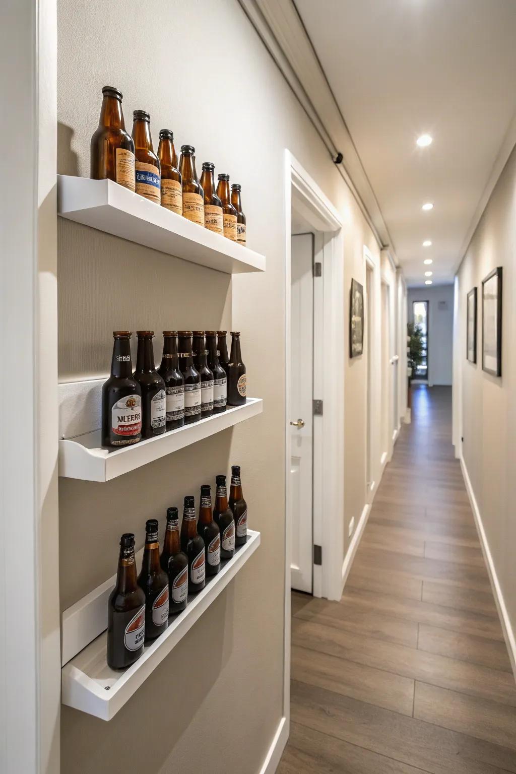 Minimalist floating shelves with beer bottles in a hallway arrangement.