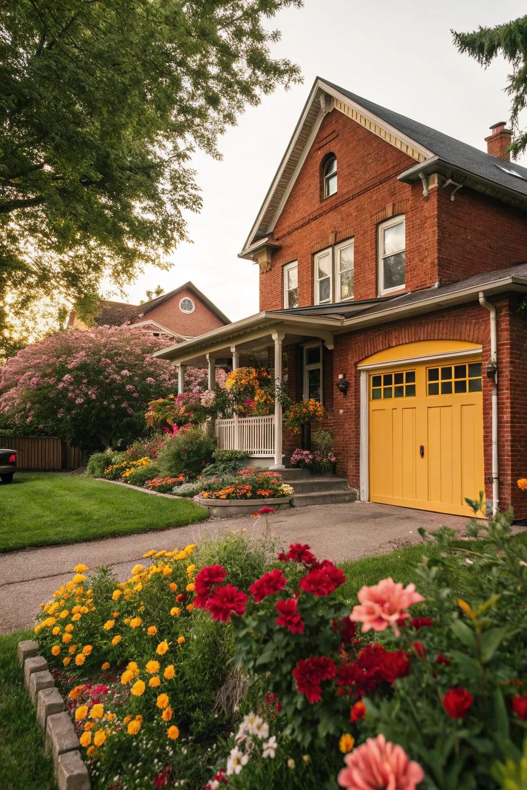 A yellow garage door gives red brick a cheerful splash of color.