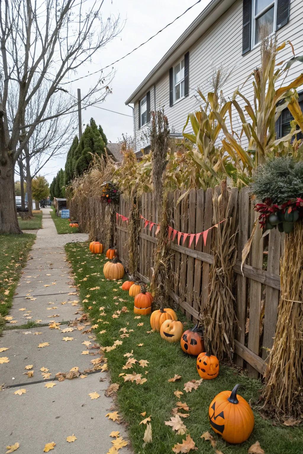 Cornstalks add a rustic touch to Halloween yard decor.