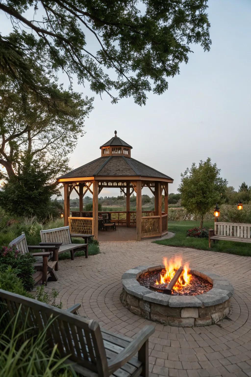 A fire pit provides warmth and serves as a mesmerizing centerpiece.