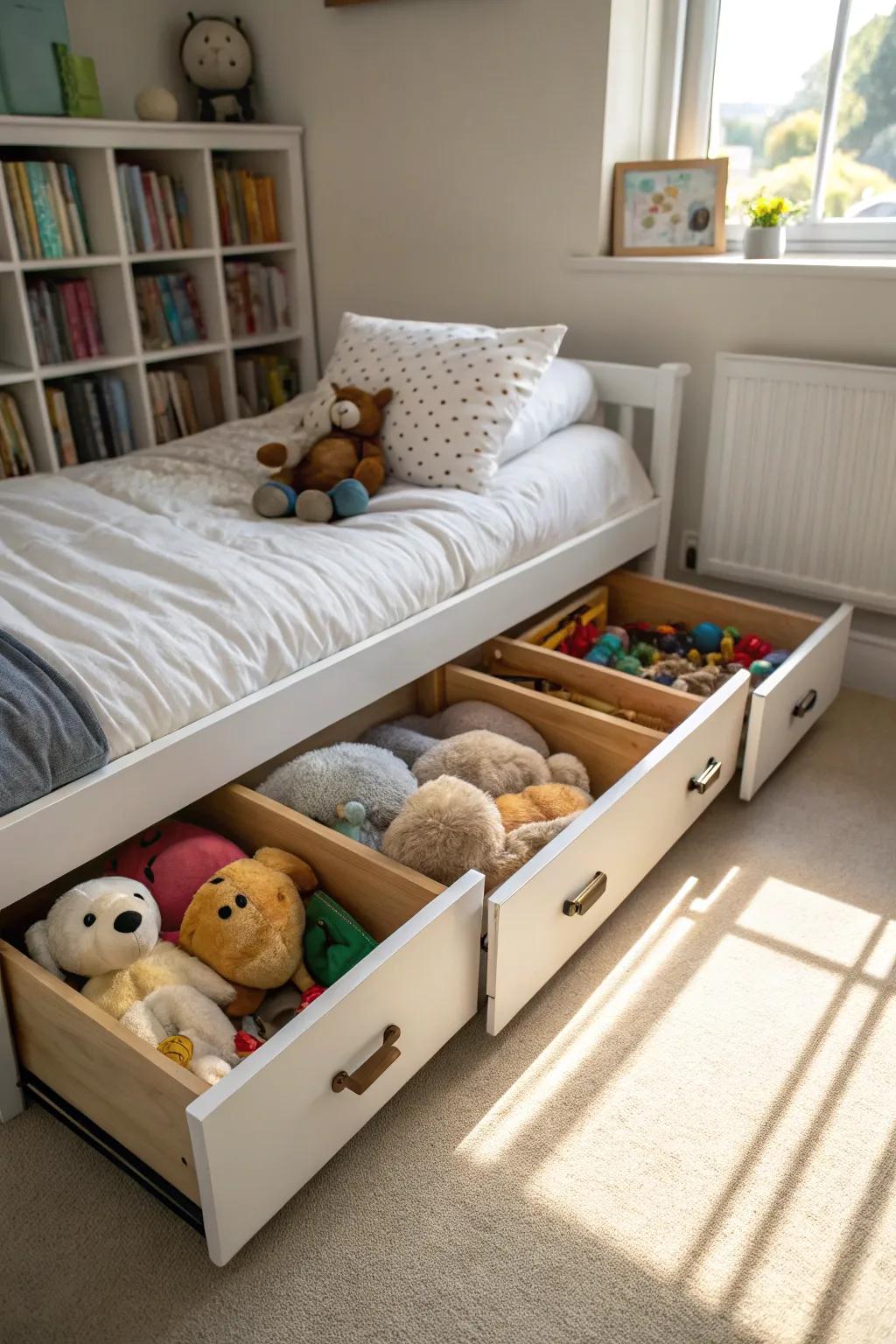 Under-the-bed holding keeps toys out of sight but within reach.