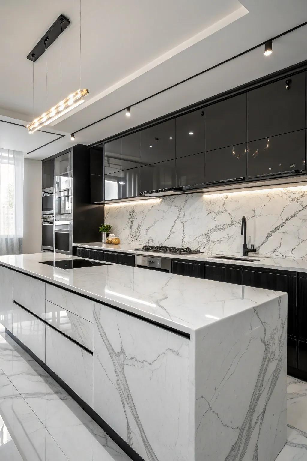 Neutral marble countertops complement the black and white theme.