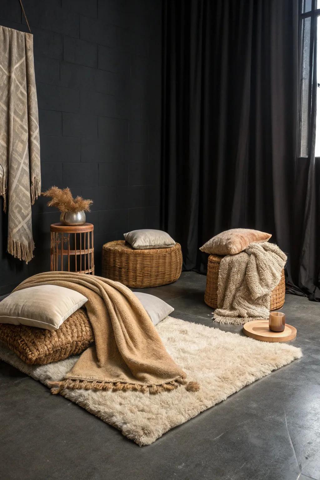 Cozy elements like soft rugs and throws soften a dark-toned room.