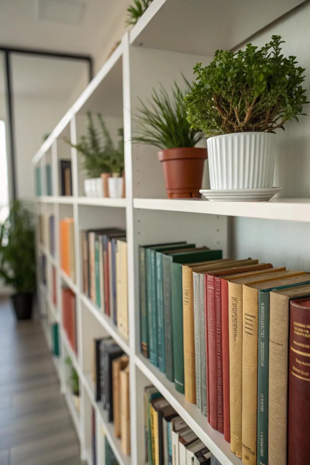 Add a natural touch to your bookcase with beautiful greenery.