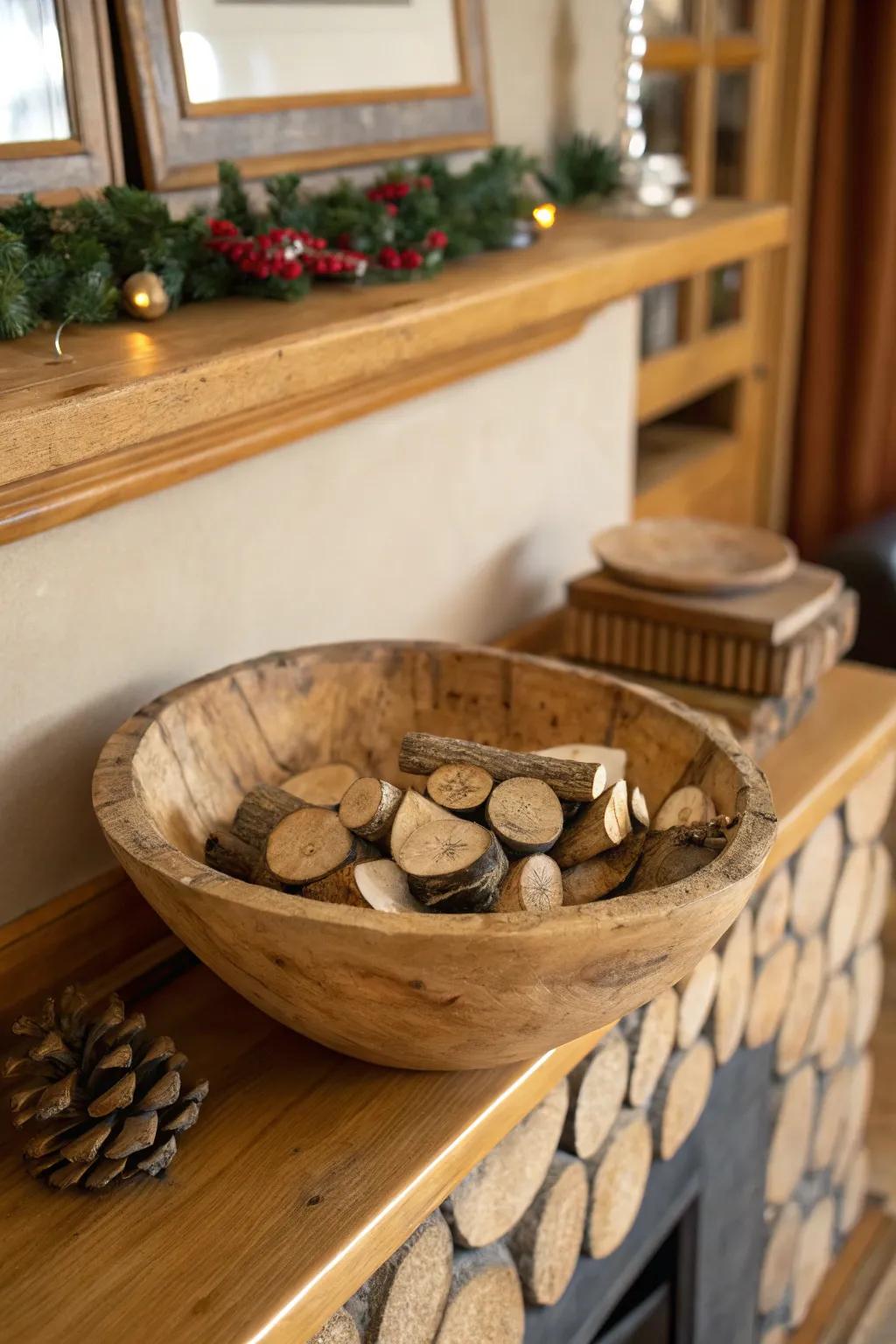 A rustic bowl featuring small wooden slices for a natural touch