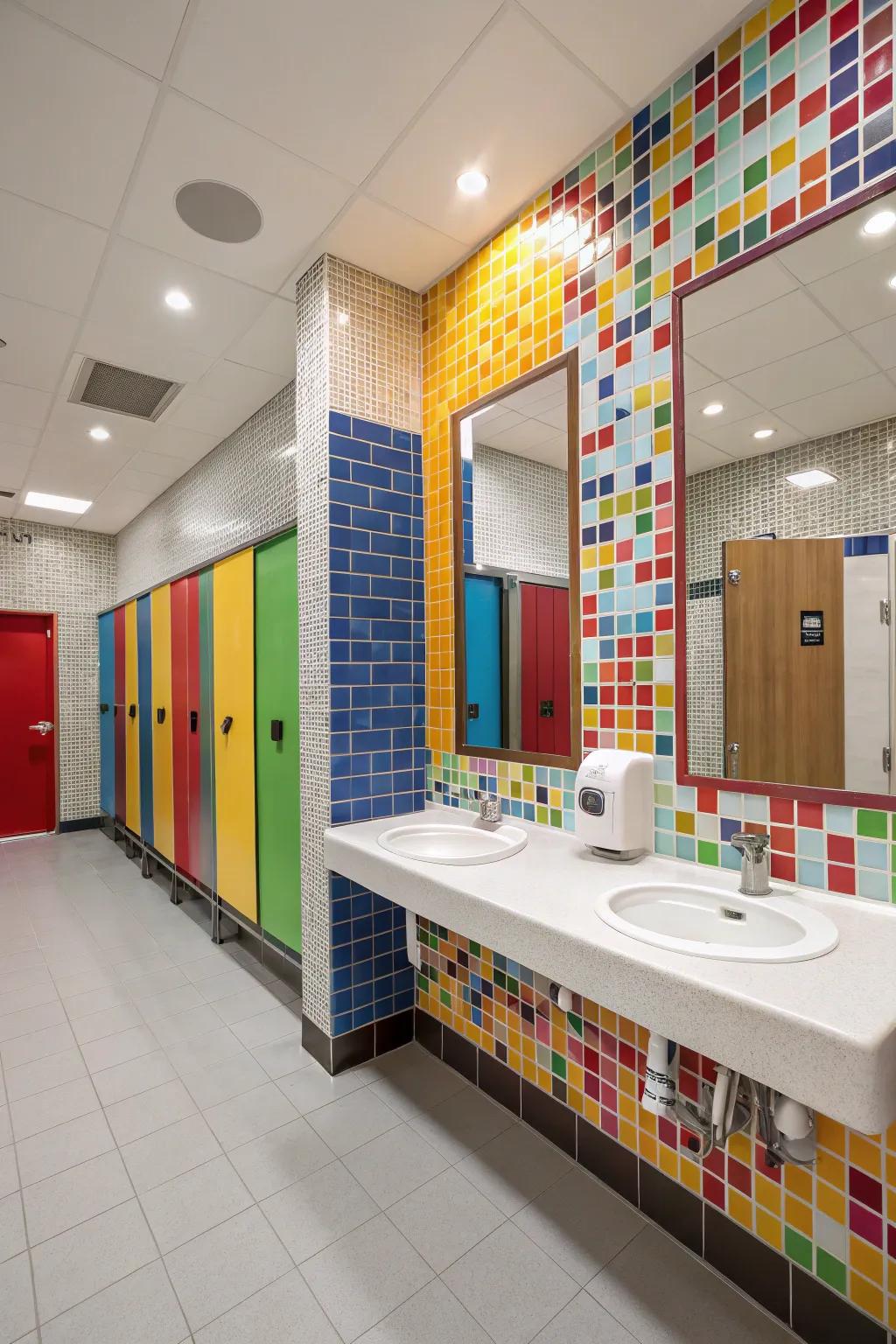 Colorful mosaic tiles add vibrancy to a boys' bathroom.